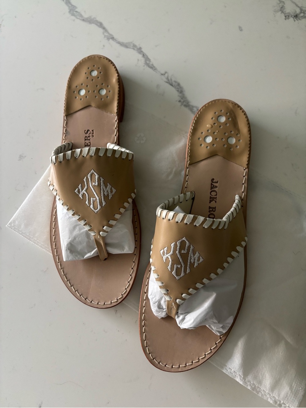 Jack Rogers Tan Leather Monogram Thong Sandals with White Trim
